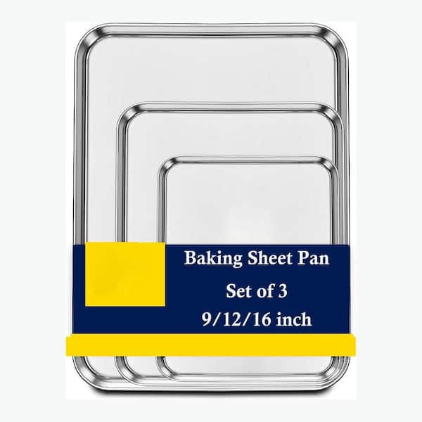 4 qt. Stainless Steel Baking Sheet Pan Non-Toxic Easy Clean Cookie Tray for Oven Kitchen Bakeware (Set of 3)