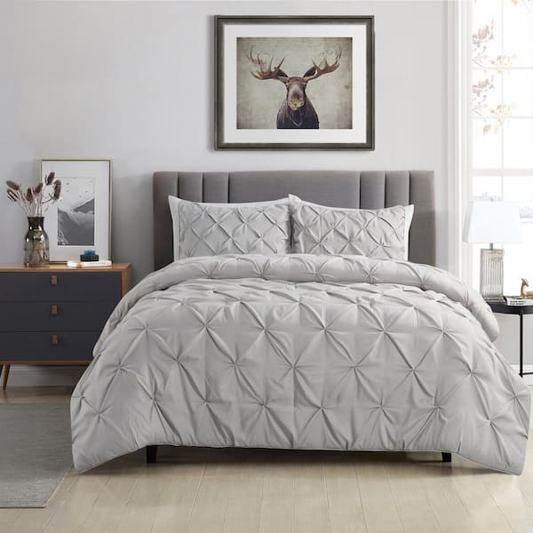 3 Piece Gray Pintucked Full/Queen Comforter Set
