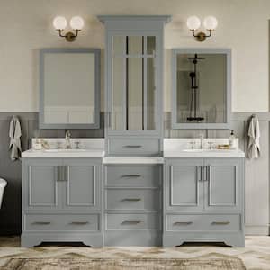 Stafford 84 in. W x 22 in. D x 89 in. H Double Sink Freestanding Bath Vanity in Grey with Carrara White Quartz Top