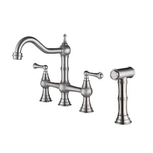Antique Classic Double Handle Bridge Kitchen Faucet With Pull-Out Side Spray in Brushed Nickel