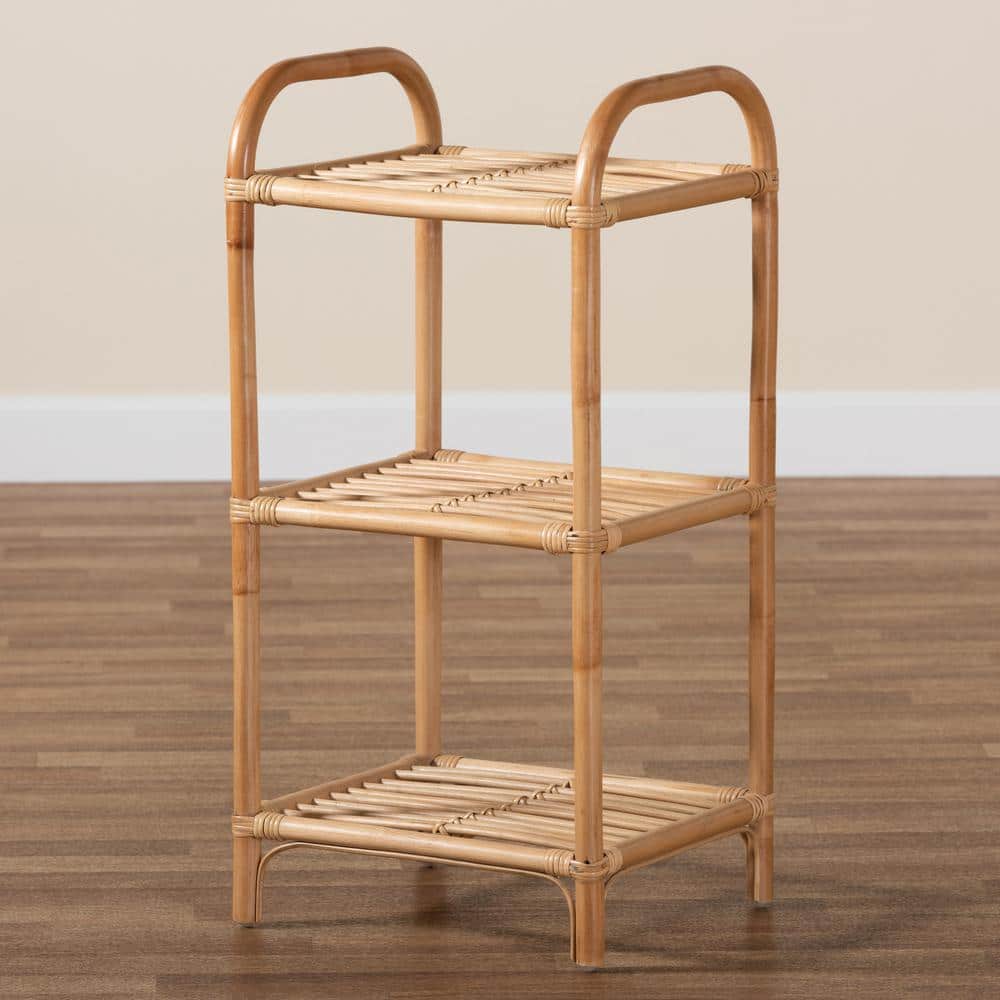 Natural Brown Rattan 3-Tier Étagère with Ergonomic Handles