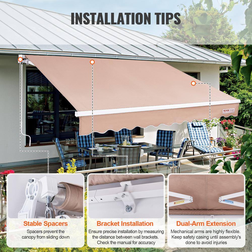 10 x 8 ft Beige Polyester Manual Retractable Patio Awning