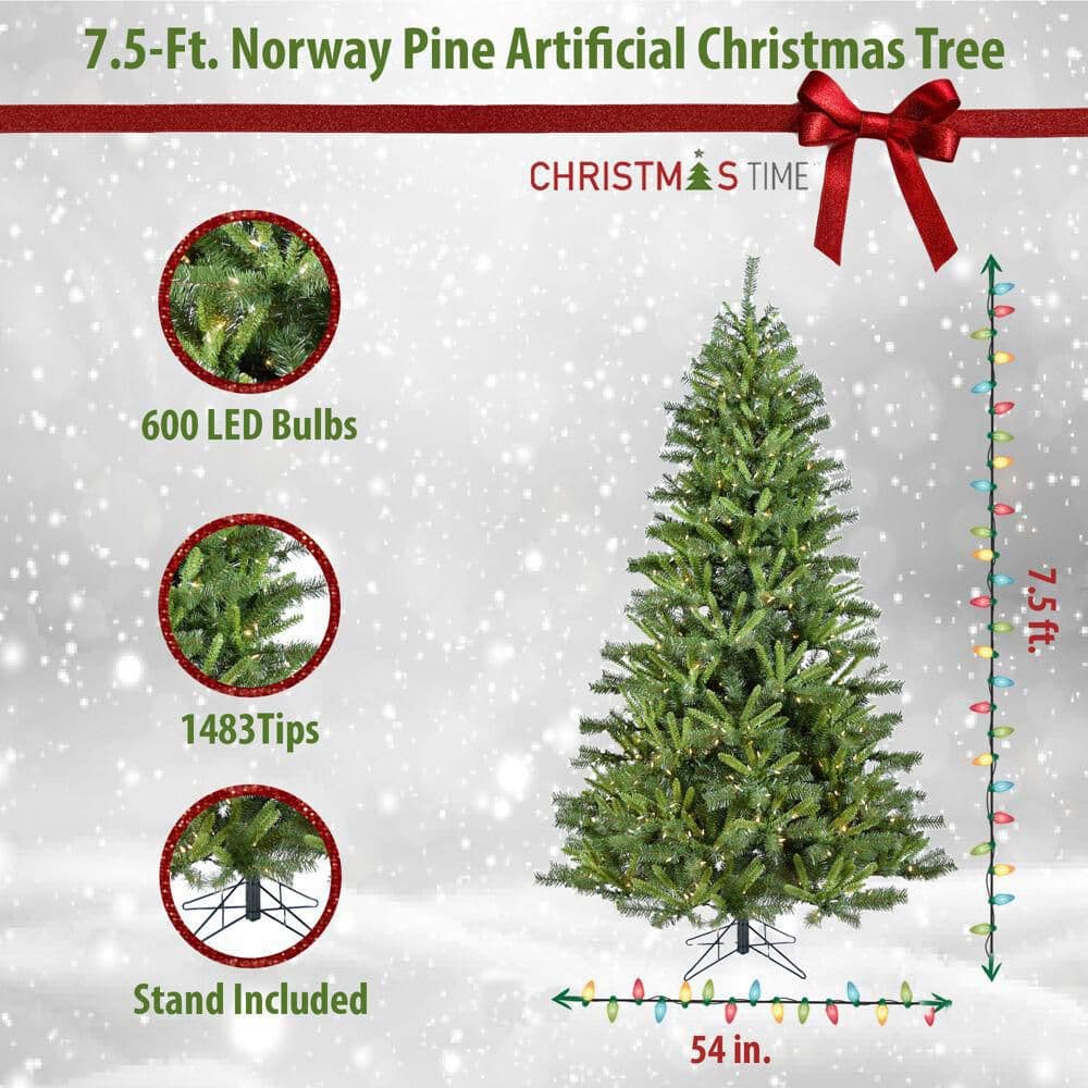7.5-Ft Green Pine Artificial Christmas Tree with Clear LED Lights