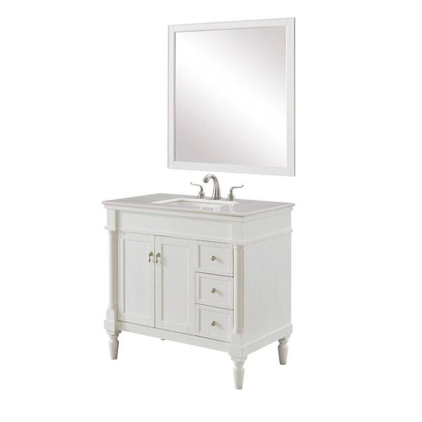 Unbranded Simply Living 36 in. W x 21 in. D x 35 in. H Bath Vanity in Antique White with White And Brown Vein Marble Top