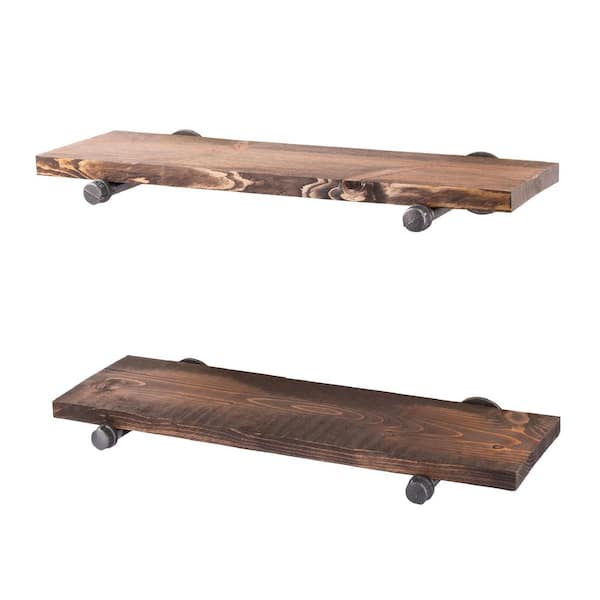 PIPE DECOR 24 in. x 7.5 in. x 6.75 in. Sunset Brown Restore Wood Decorative Wall Shelf with Industrial Steel Pipe Straight Brackets