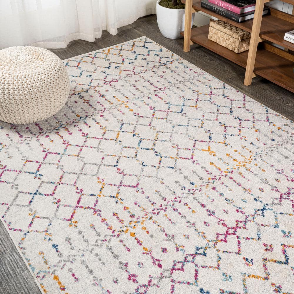 Ivory and Multicolor Synthetic Rectangular Trellis Area Rug, 3 ft. x 5 ft.