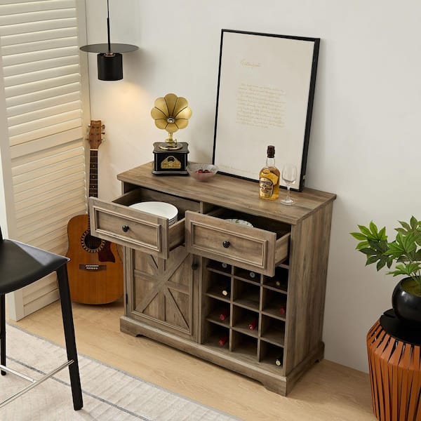Otryad Gray Wash Wood Wine Bar Cabinet, Freestanding Buffet Sideboard Coffee Bar with Barn Door, Wine Rack and 2 Drawers