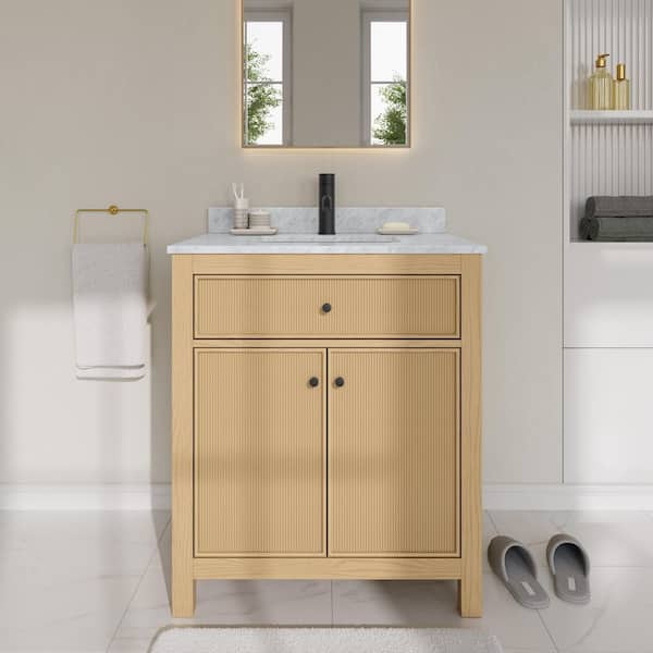 Pendry 30 in. Single Freestanding Tanned Oak Bath Vanity with White Carrara Marble Top