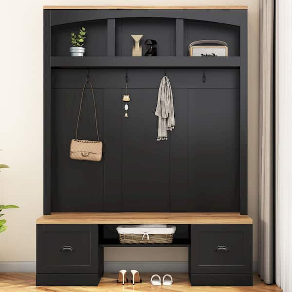 Farmhouse 4 in 1 Black Hall Tree with Adjustable Shelves and Hooks