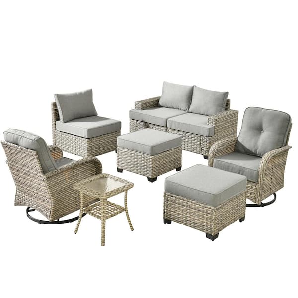 Kelleys 8-Piece Wicker Modern Outdoor Patio Conversation Sofa Set with Swivel Chairs and Dark Grey Cushions