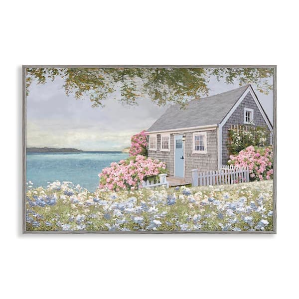 Cottage with Rose Garden by Amber Sterling Gray Framed Nature Giclee Art Print 16 in. x 24 in.