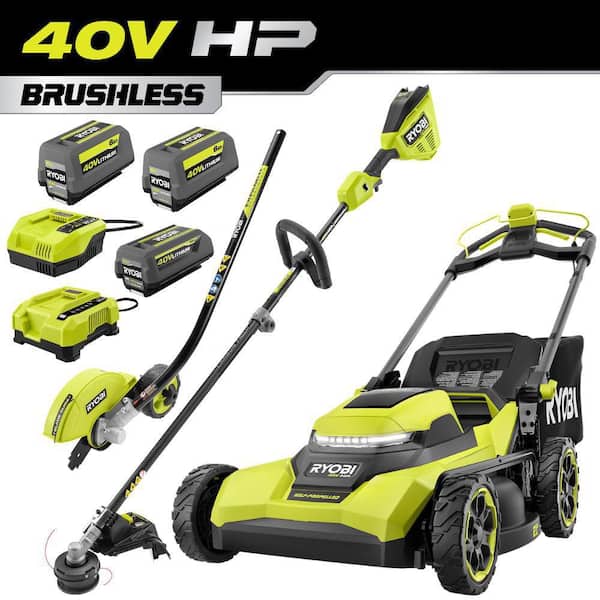 40V HP Brushless 21" Cordless Walk Behind Self-Propelled Mower, String Trimmer & Edger w/ (3) Batteries & (2) Chargers
