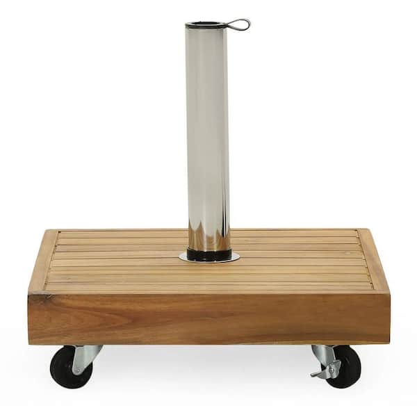 40lb Acacia Wood Patio Umbrella Base in Teak with Stainless Steel Tube