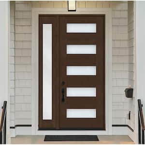 Regency 51 in. x 96 in. 5L Modern Frosted Glass RH Hickory Stain Mahogany Fiberglass Prehung Front Door w/12in.SL