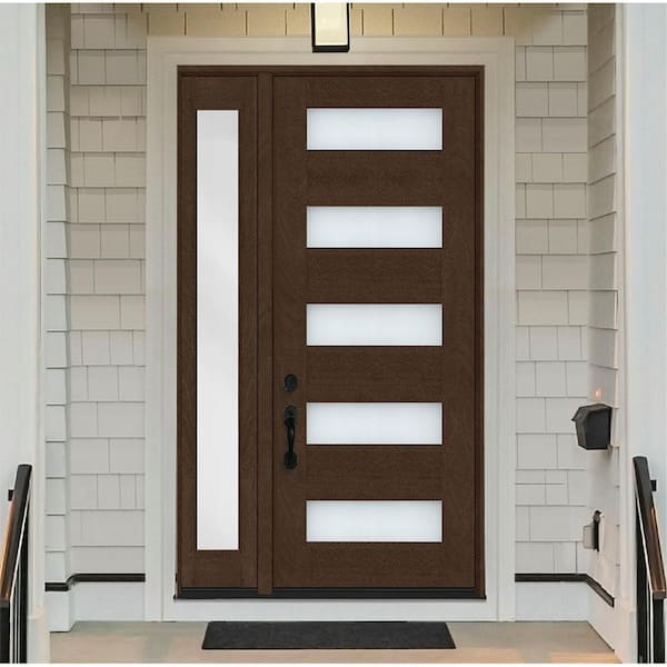 Regency 51 in. x 80 in. 5L Modern Clear Glass LHOS Hickory Stain Mahogany Fiberglass Prehung Front Door w/12 in. SL