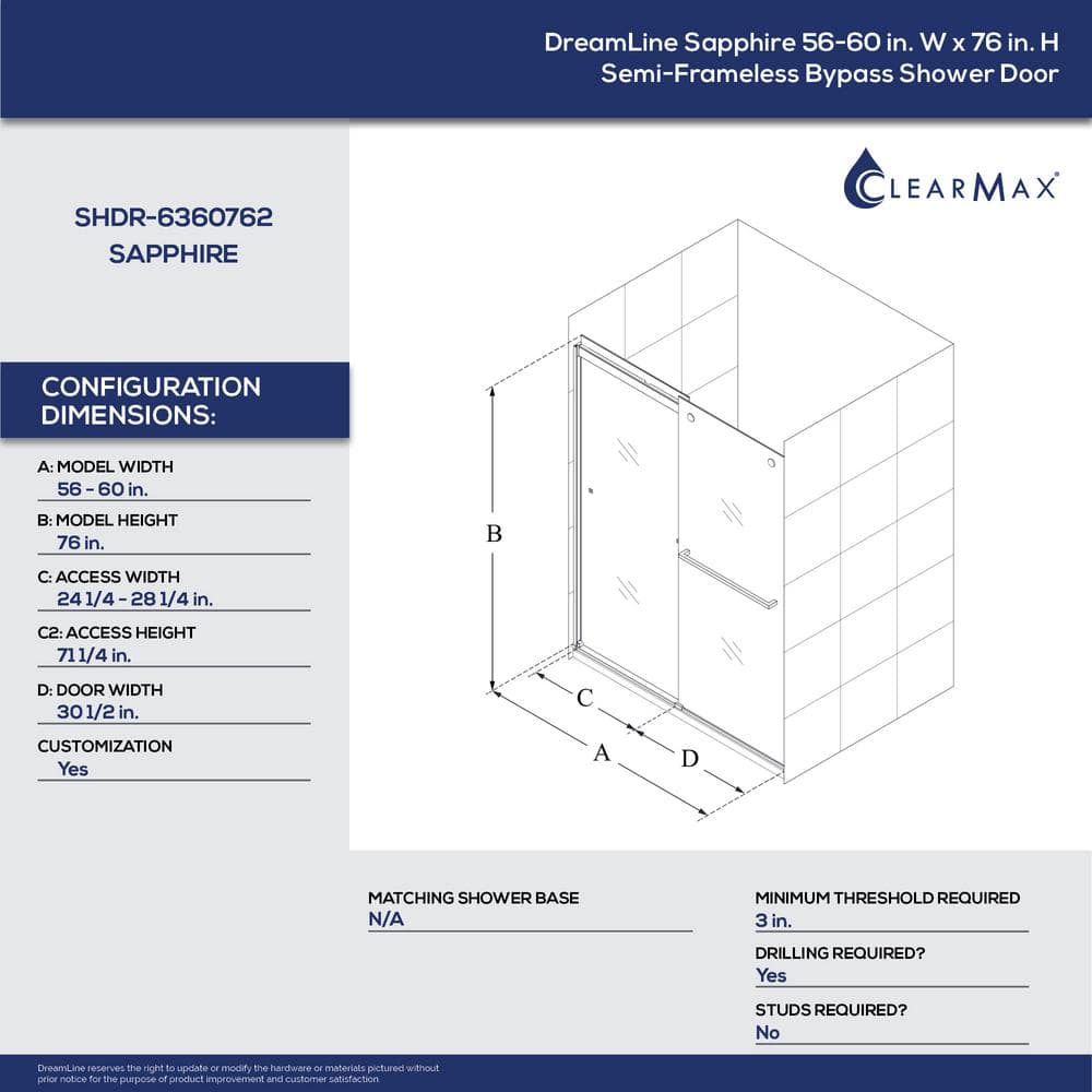 Sapphire 56-60" Clear Glass Semi-Frameless Sliding Shower Door