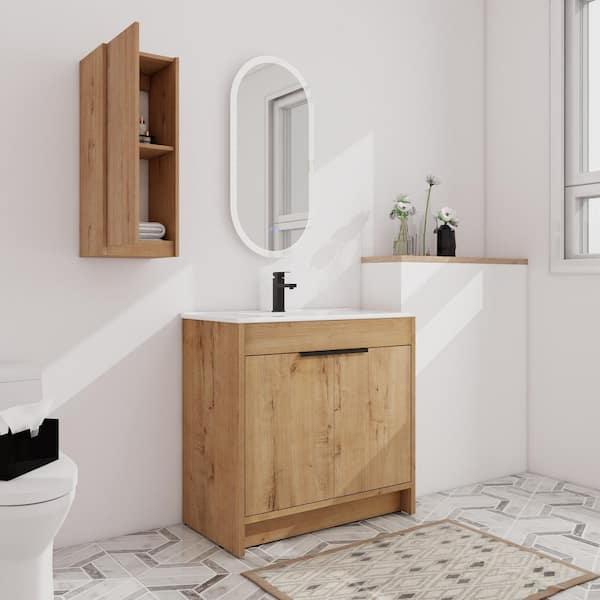 Sheffield 36 in. W x 18.30 in. D x 34.3 in. H Freestanding Bath Vanity Cabinet in Imitative Oak with White Ceramic Top