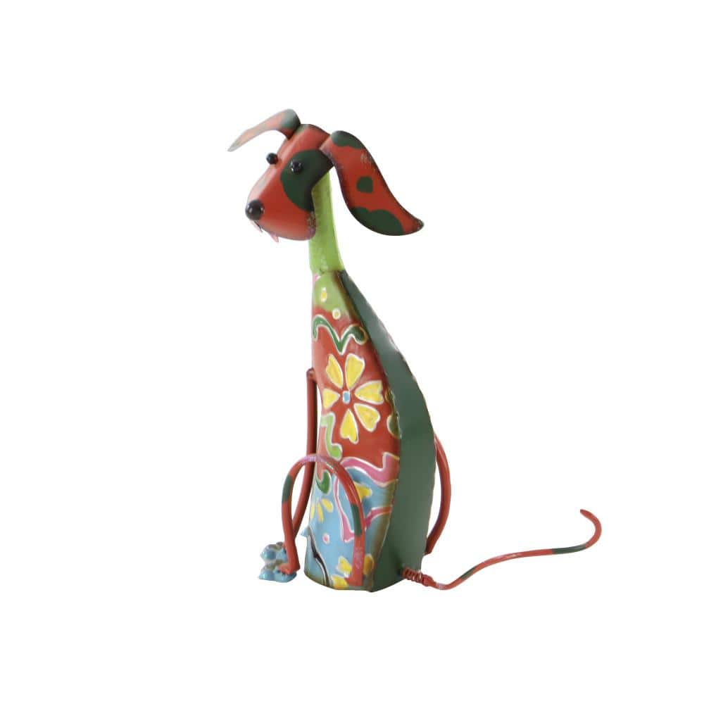 Multicolor Floral Iron Dog Garden Sculpture, 12" x 17"