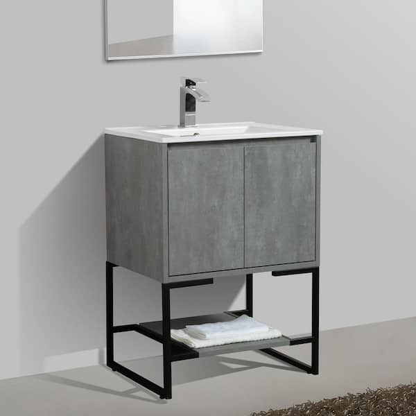 24 In. W X 19 In. D X 34 In. H Single Sink Freestanding Bath Vanity in Light Gray With White Resin Top