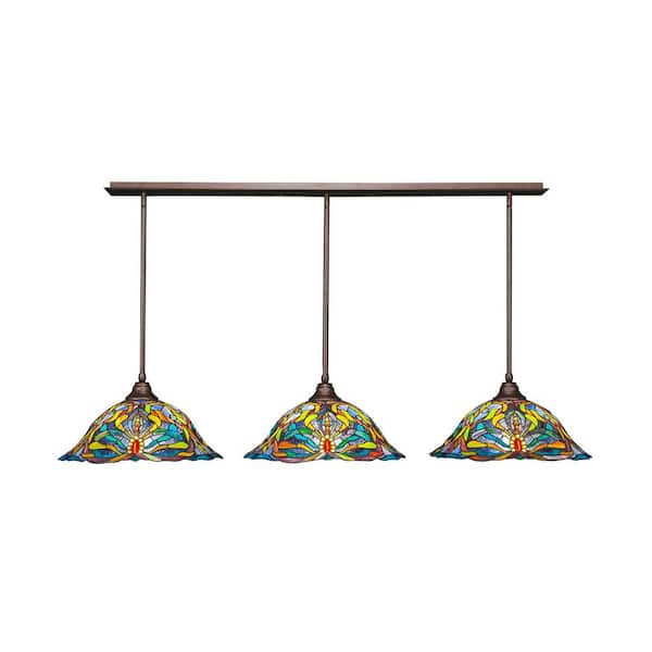 Unbranded Livingston 100-Watt 3 Light Bronze Linear Pendant Light with 19 in. Art Glass Glass Shades No Bulbs Included