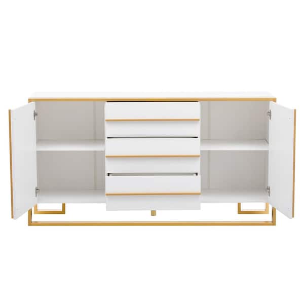 Unbranded 59 in. W x 15.7 in. D x 31.5 in. H White Wood Linen Cabinet with Doors, Drawers, Adjustable Shelves and Gold Metal Legs