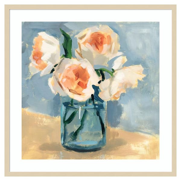 Amanti Art Peonies in Mason Jar II by Victoria Barnes 33 in. W x 33 in. H. Wood Framed Wall Art Print Framed in Brown