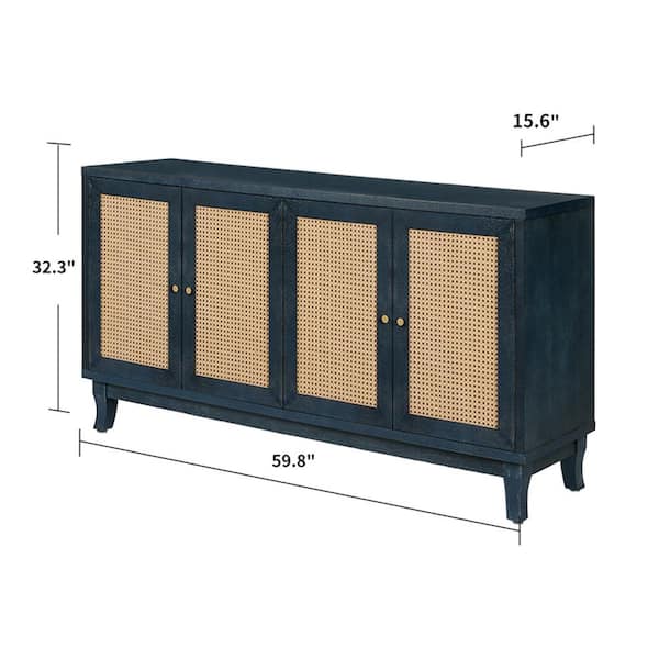 Rustic Style Wood 60 in. Blue 4-Door Sideboard Buffet