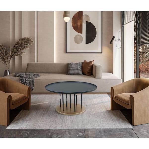 Neci 31 in. Black and Brass Round Metal Coffee Table with Tray Top and Modern Rod Supports