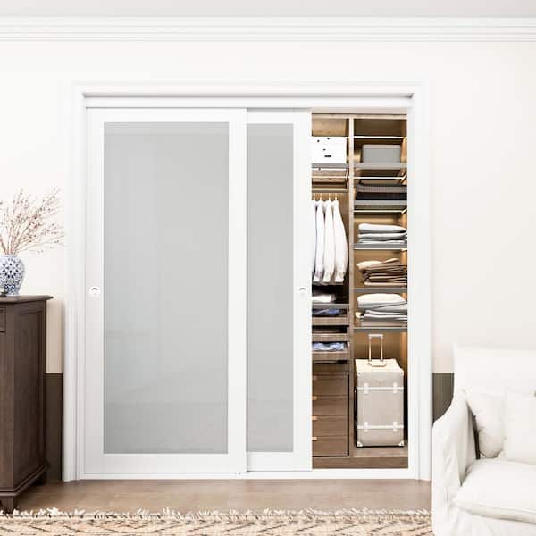 72 in. x 80 in. 1-Lite Tempered Frosted Glass White Finished Solid Core Interior Closet Sliding Door with Hardware