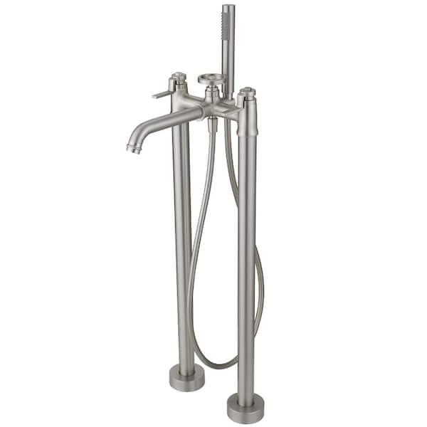 2-Handle Freestanding Floor Mount Roman Industrial Style Tub Faucet Bathtub Filler with Hand Shower in Brushed Nickel