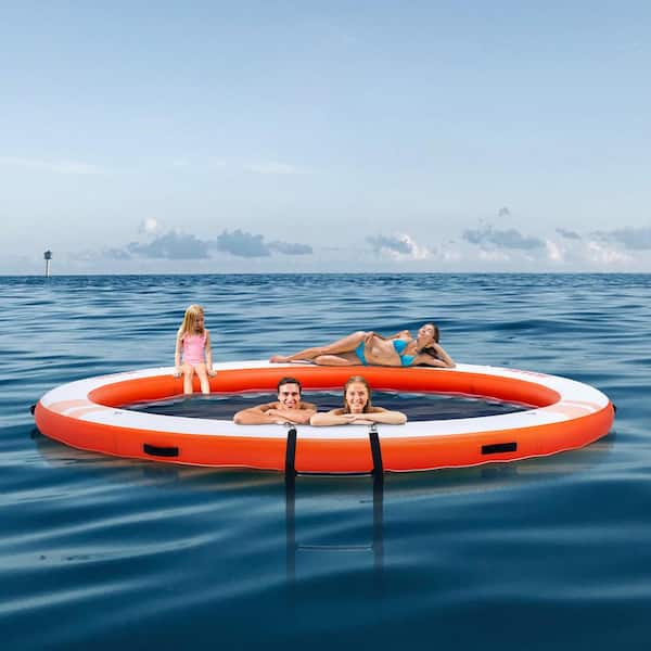 Inflatable Floating Dock ø8ft. Inflatable Dock Platform with ø5ft. Trampoline Mesh Pool Non-Slip Floating Platform Mat