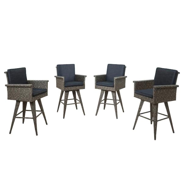 Noble House Puerta Stackable Plastic Patio Outdoor Bar Stool with Dark Grey Cushion (4-Pack)