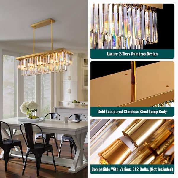 LuminFan 39 in. 10-Light Gold 2-Tier Rectangle Crystal Chandelier