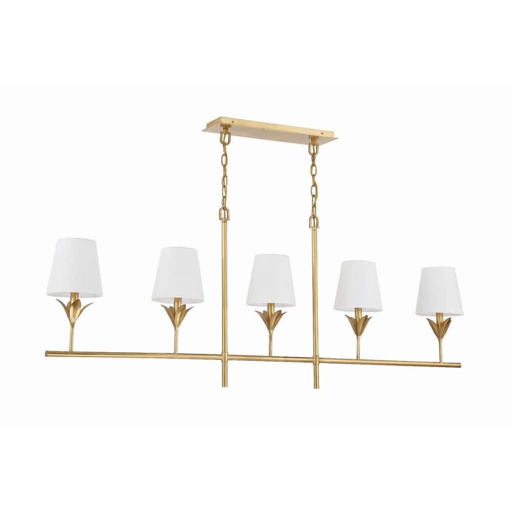 Antique Gold 5-Light Chandelier with White Silk Shades