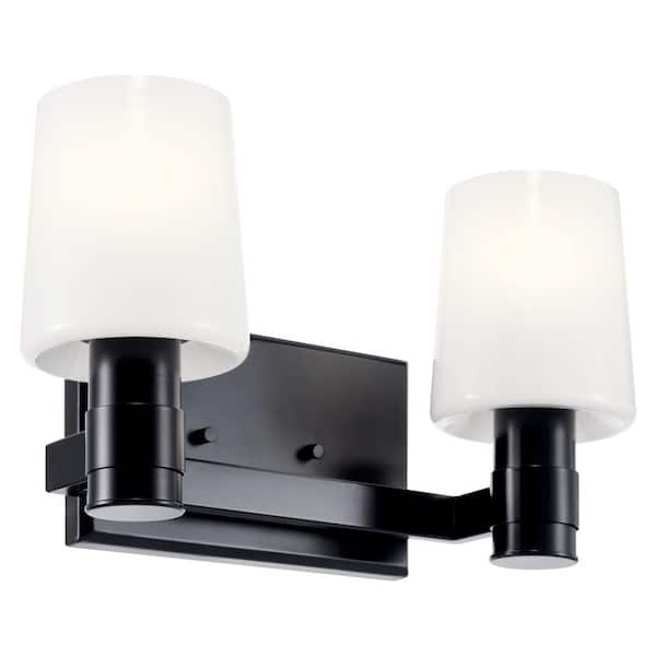 KICHLER Adani 14.5 in. 2-Light Black Soft Modern Bathroom Vanity Light with Opal Glass