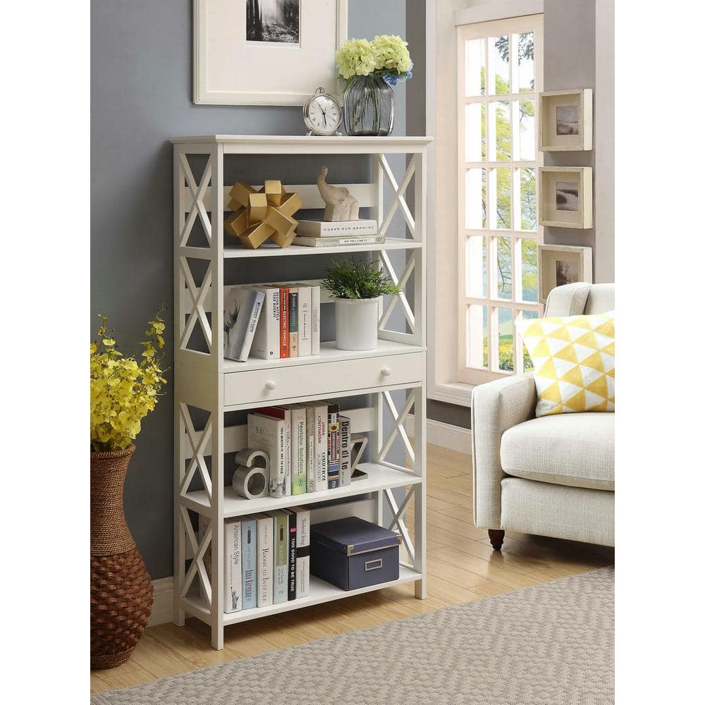 Oxford Elegance White Engineered Wood 5-Tier Bookcase with Drawer