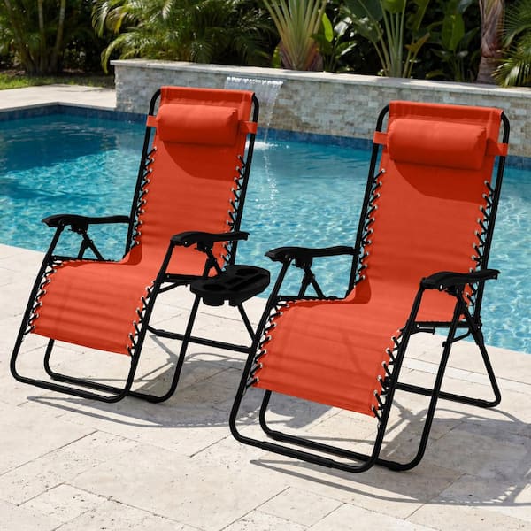 Set of 2 Extra Wide Metal Zero Gravity Lawn Chair Recliners with Cup Holder in Burnt Orange