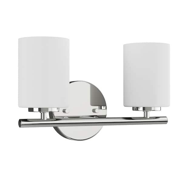 Replay Collection 13 in. 2-Light Polished Nickel Etched White Glass Modern Bathroom Vanity Light