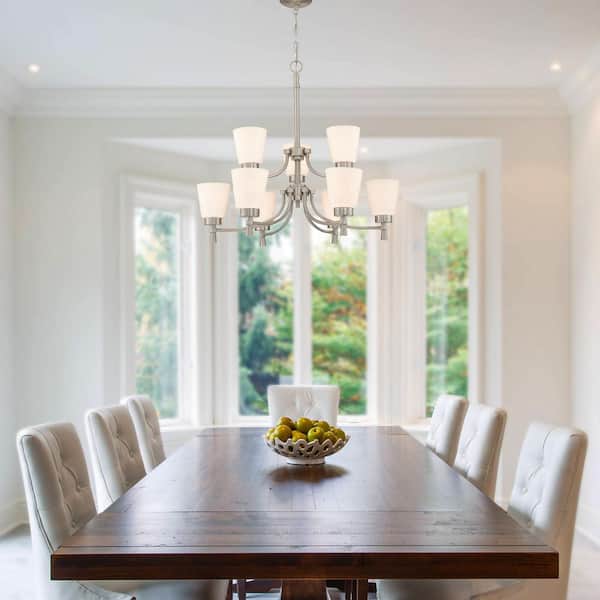9-Lights Brushed Nickel Chandelier with Bell Shades for Dining Room
