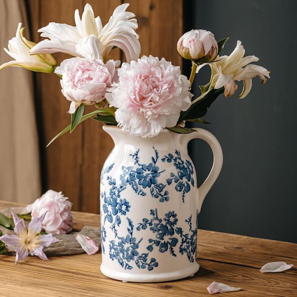 8 in. Vintage Chinoiserie Blue White Ceramic Pitcher Bottle