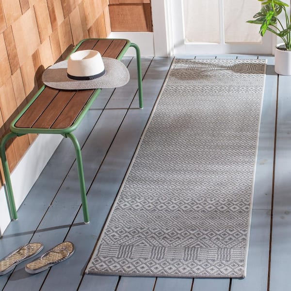 Courtyard Brown/Gray 2 ft. x 12 ft. Tribal Striped Diamonds Indoor/Outdoor Patio  Runner Rug