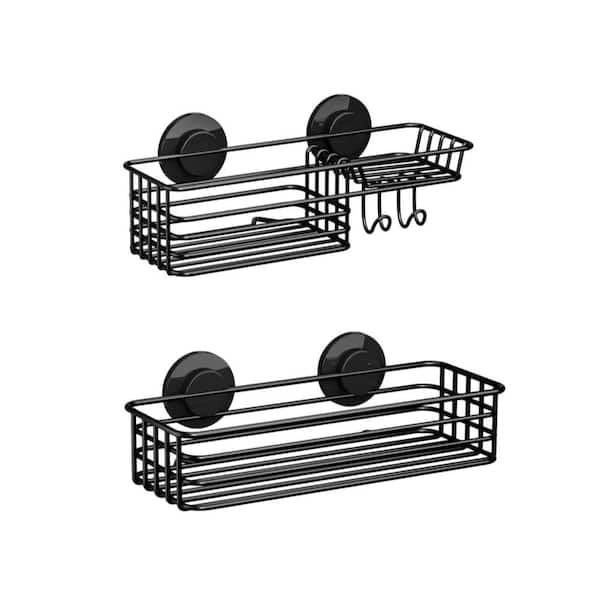 2-Pack Shower Caddy Suction Cup with Hooks and Soap Holder for Bathroom, Large Metal Storage Basket, No Drilling, Black