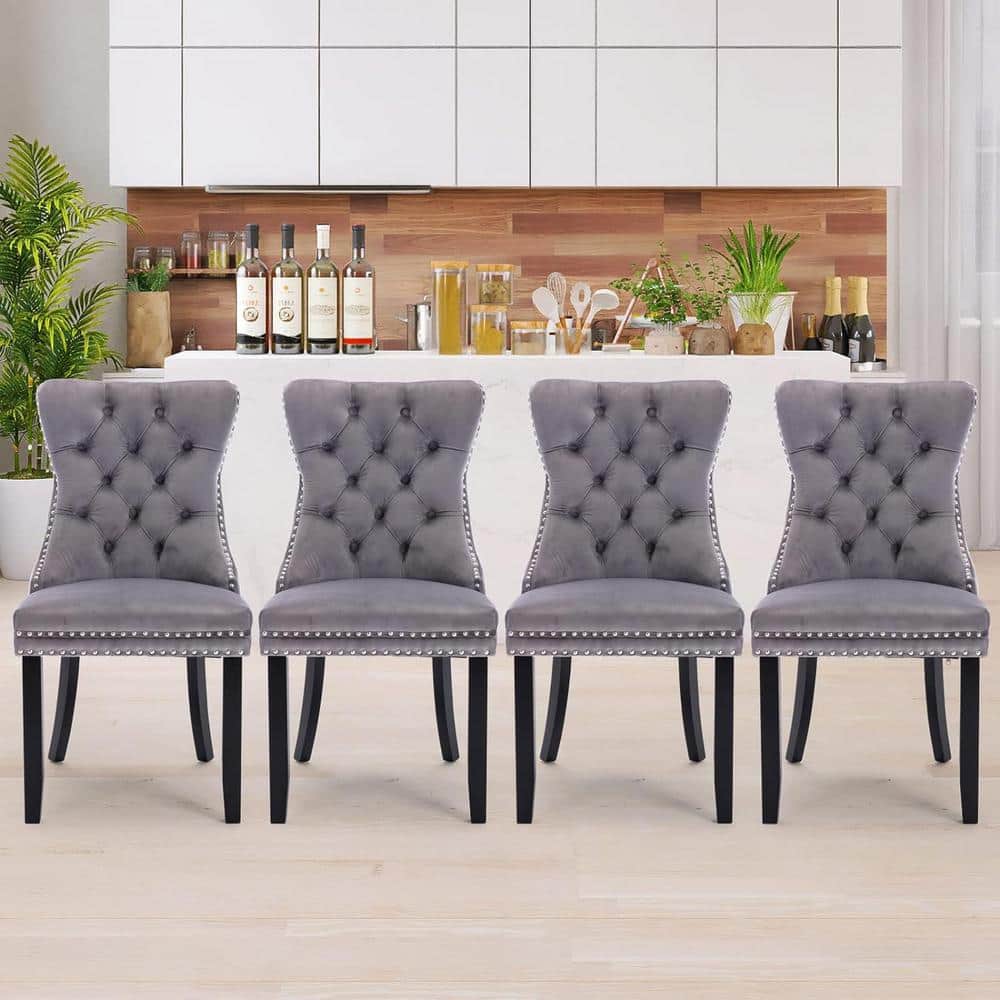 Gray Velvet Upholstered High Back Parsons Side Chair with Wood Legs