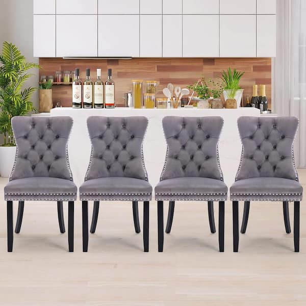 Mydepot Dark Grey Velvet Upholstered Dining Chairs Side Chairs Set of 4 Accent Diner Stylish Kitchen with Wood Legs and Padded YMPE W114342270 The Home Depot