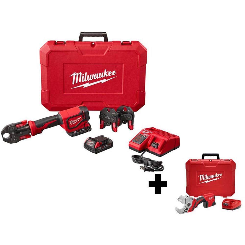 Milwaukee M18 18- volt Lithium-Ion Cordless Short Throw Press Tool Kit with  PEX Crimp Jaws with M12 PVC Shear Kit 2674-22C-2470-21 The Home Depot