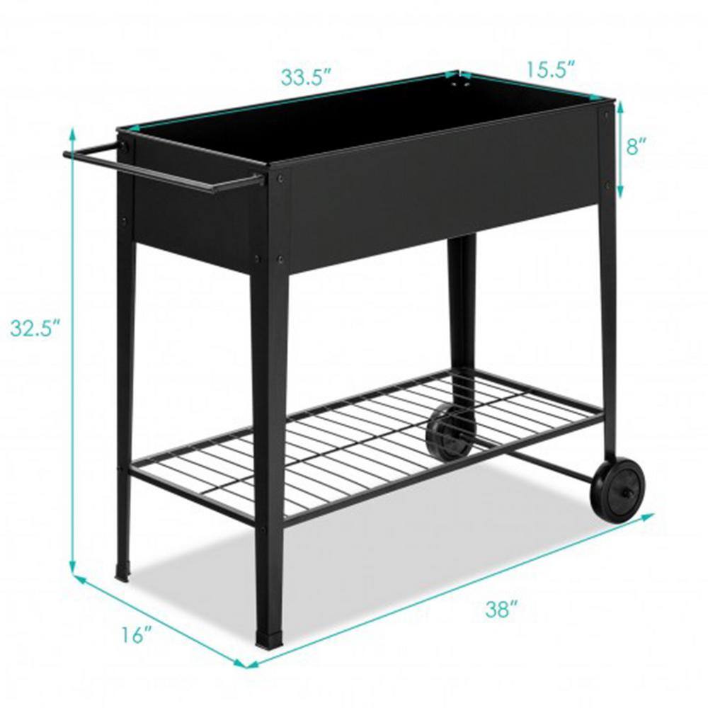 Black Iron Raised Garden Bed with Wheels and Shelf