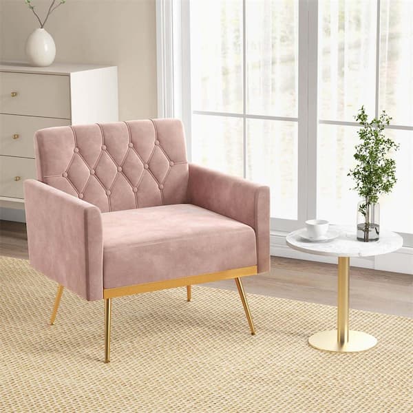 Pink Modern Velvet Accent Chair with Button Tufted Back Golden Metal Legs and Foot Pads