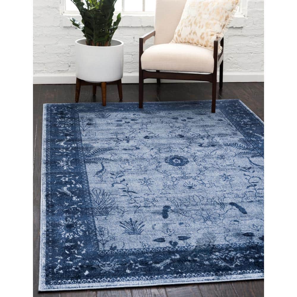Serene Deep Blue Floral Indoor Rectangular Rug