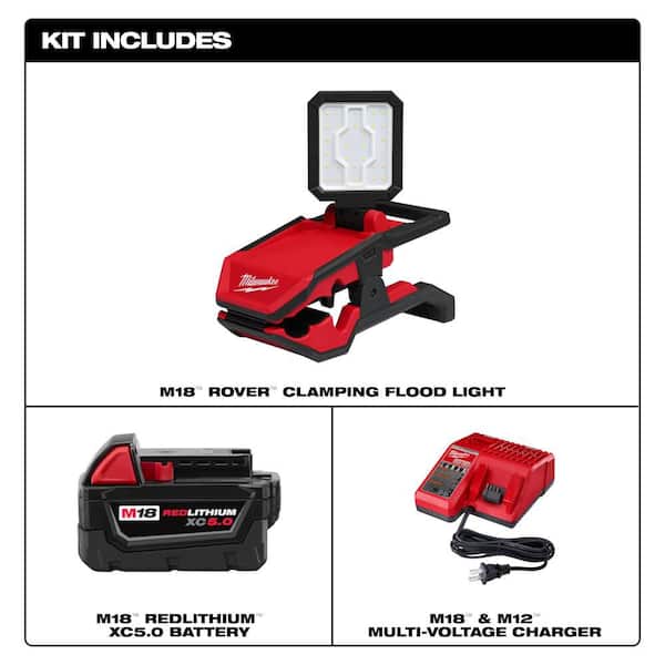 M18 18-Volt 2000 Lumens Lithium-Ion Cordless Rover LED Clamping Flood Light w/ (1) 5Ah Battery & Charger