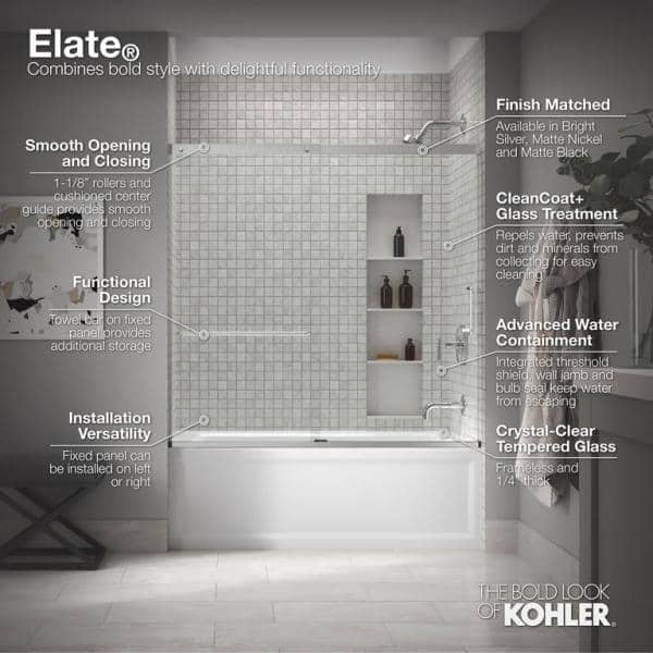 Elate Frameless Sliding Bath Door with Nickel Finish and Clear Glass